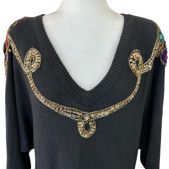 SML Beaded Sweater Large Black Gold Braid‎ Jewel Party NYE Holiday Glam Vintage - Picture 6 of 14